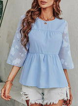 Solid Color Pullover Neck Printed Chiffon Blouse