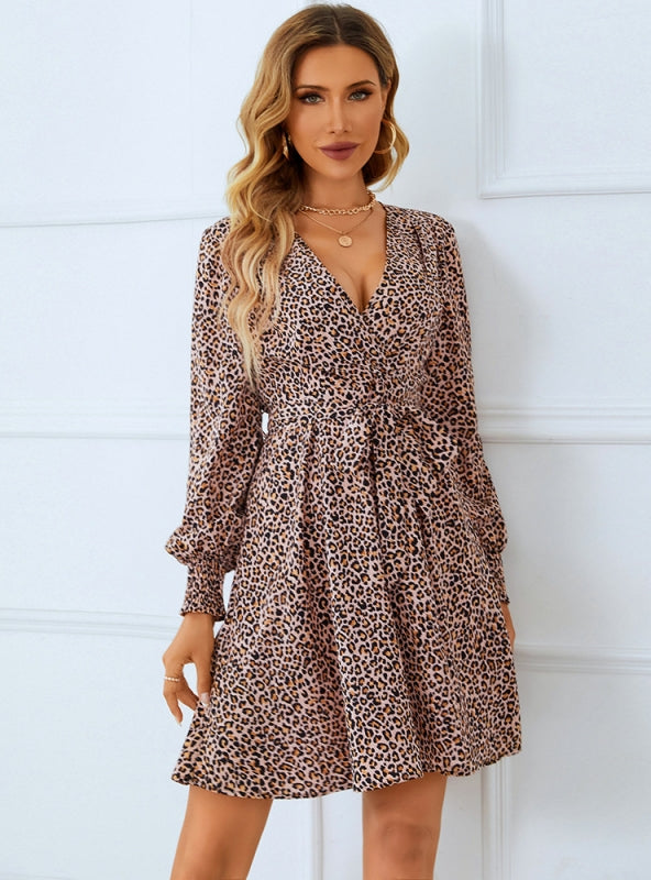 Long Sleeve Deep V-Neck Leopard Print Dress