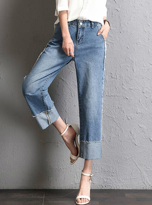 Side Striped Ankle Capris Jeans Wide Leg Pants 