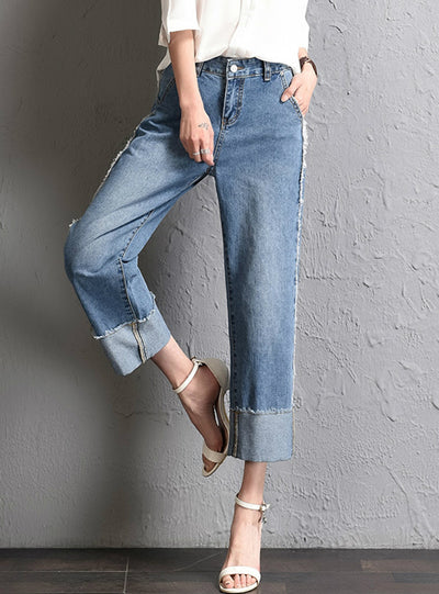 Side Striped Ankle Capris Jeans Wide Leg Pants 