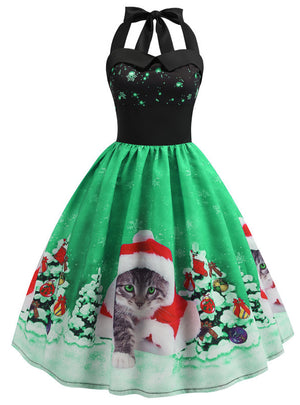 Retro Christmas Printed Halter Dress
