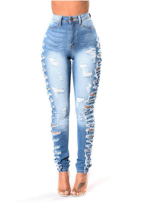 Womens Side Ripped Skinny Denim Jeans