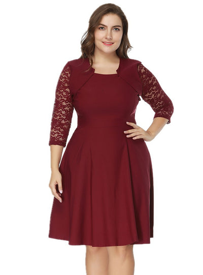 Plus Long Sleeve Lace Stitching Dress
