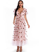 Strawberry Sequined Bubble Sleeves Dress