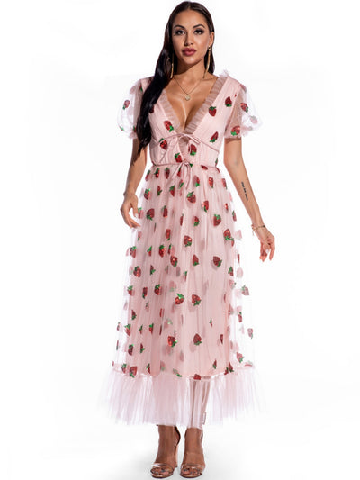 Strawberry Sequined Bubble Sleeves Dress