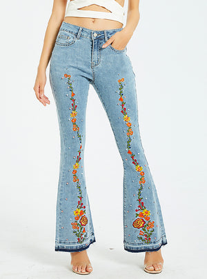 Women Embroidered Wide-leg Jeans