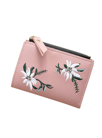Women Embroidery Zipper Short Wallet Coin Purse 