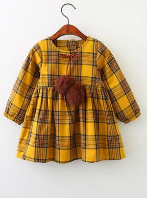 Plaid Fur Ball Bow Design Baby Girls Long Sleeve Dress