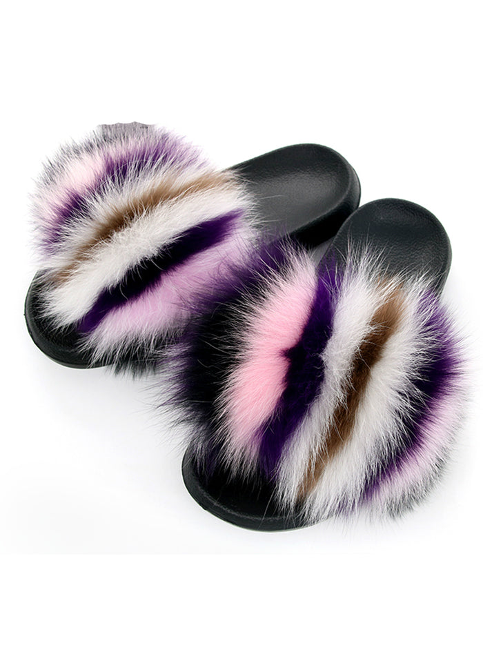 Women Fluffy Fur Slippers Real Fox Fur Slides Mixed