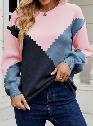 Turtleneck Loose Geometric Color Matching Sweater