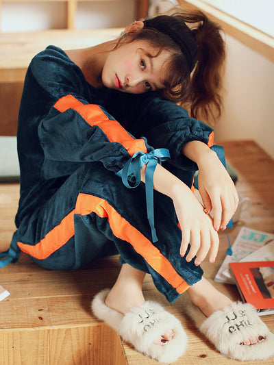 Dark Green Ribbon Coral Fleece Pajamas Women Thickened Warm Flannel