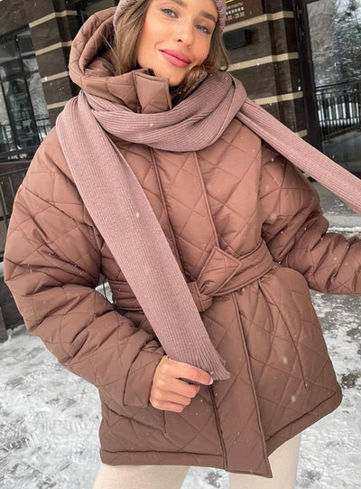 Women Fashion Solid Thick Short Coats Tie Belt Cotton Jackets