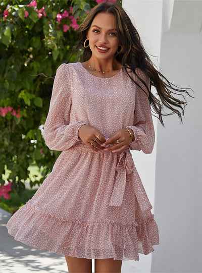 Round Neck Long Sleeve Printed Dress