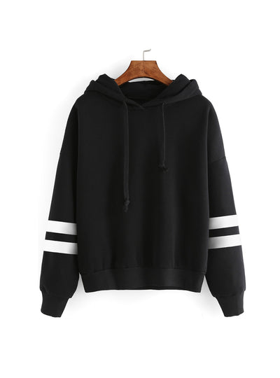 Fleece Hooded Sweatshirt Striped Splicing Sleeve