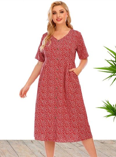 Plus Size V-neck Printed Pocket Dress