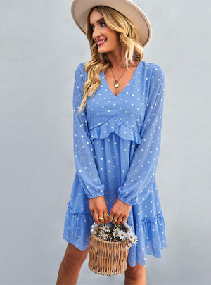 Long Ssleeve Wave Point Casual Dress