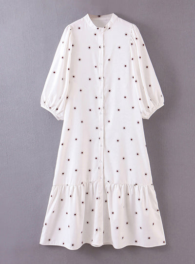 Women White Shirt Midi Little Floral Print Dress