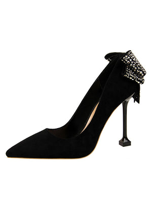 Rhinestone Bow Shallow Suede Pointed Back Shoes
