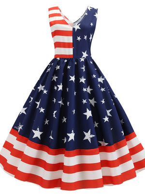 V-neck Print Big Swing Dress