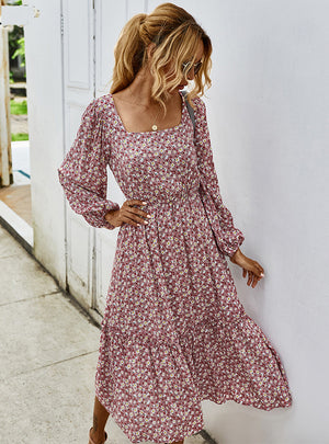 Long Sleeve Elegant Ladies Flower Square Collar Dresses