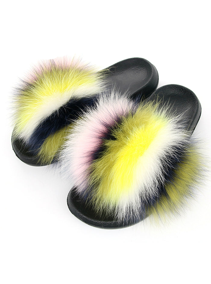 Real Fox Fur Slides Mixed Fuzzy Flat Fur Shoes
