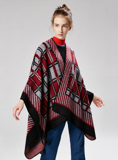 Diagonal Small Plaid Cashmere Like Retro Split Shawl