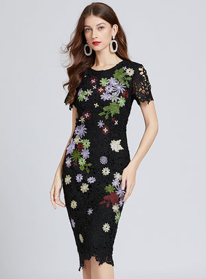Retro Openwork Embroidered Short Sleeve Dress