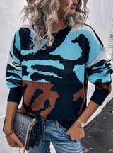 Tiger Print Contrast Crewneck Pullover Sweater