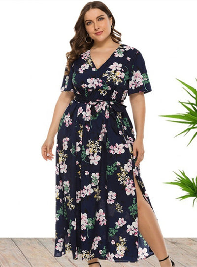Bohemian Split Print V-neck Short Sleeve Dress