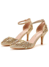 7 CM Thin Heel Pointed Gold Sequined Sandals