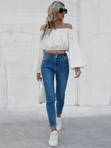 White Lantern Sleeve Solid Color Long Sleeve Shirt