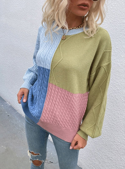 Twist Lantern Sleeve Stitching Contrast Sweater