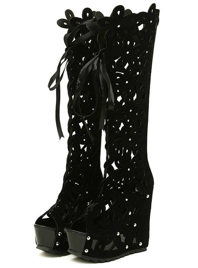 Womens Heels Black Knee High Boots Sexy Peep Toe
