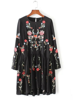 Women Floral Embroidered Dress Long Sleeve