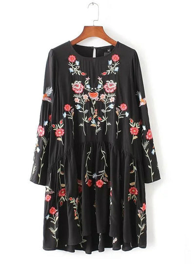 Women Floral Embroidered Dress Long Sleeve