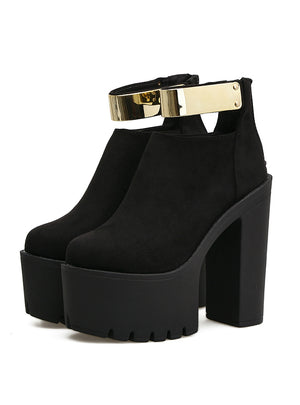 Fashion Bling Thick Heels Ladies Shoes Black Boots Flock