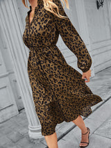 Sexy V-neck Leopard Long Sleeve Dress
