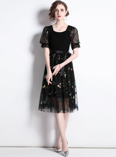 Black Butterfly Sequined Stitching Dress