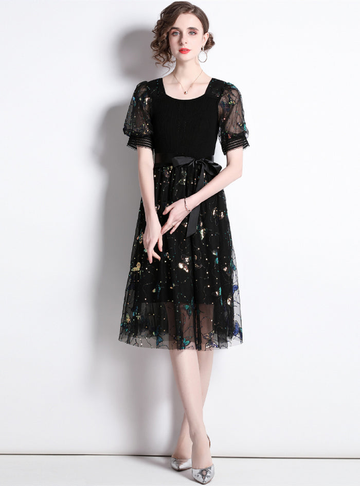 Black Butterfly Sequined Stitching Dress
