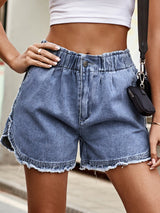 Raw-edge Bud Denim Elastic Waist Shorts