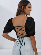 Square Neck Solid Color Backless T-shirt