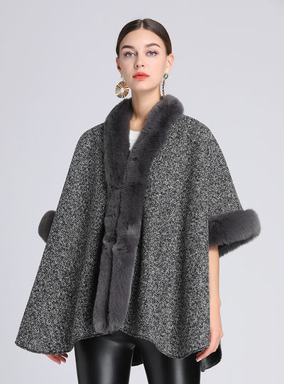 Fur-padded Faux Rex Rabbit Fur Collar Shawl Cape