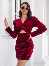 Velvet Kinked Bubble Sleeve Pleated Dress