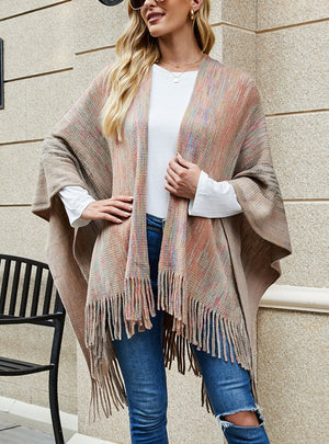 Striped Cape Fringed Cardigan Shawl