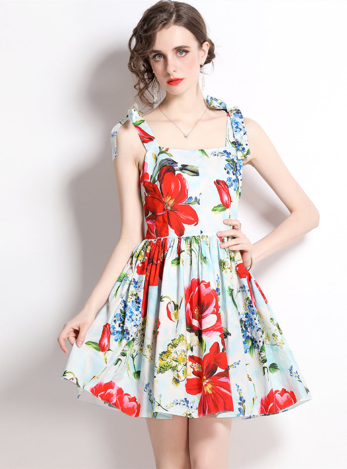 Retro Flower Print Slim Bow Dress