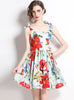 Retro Flower Print Slim Bow Dress