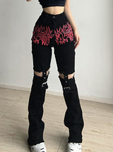 Flame Print Stitching Metal Buckle High Waist Jeans