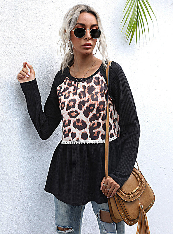 Long Sleeve Leopard Print Black T-shirt