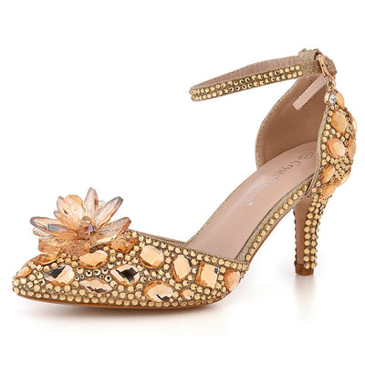 7 cm Stiletto Pointed Crystal Glass Flower Sandals