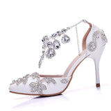 White Pointed Silver Crystal Wedding Shoes